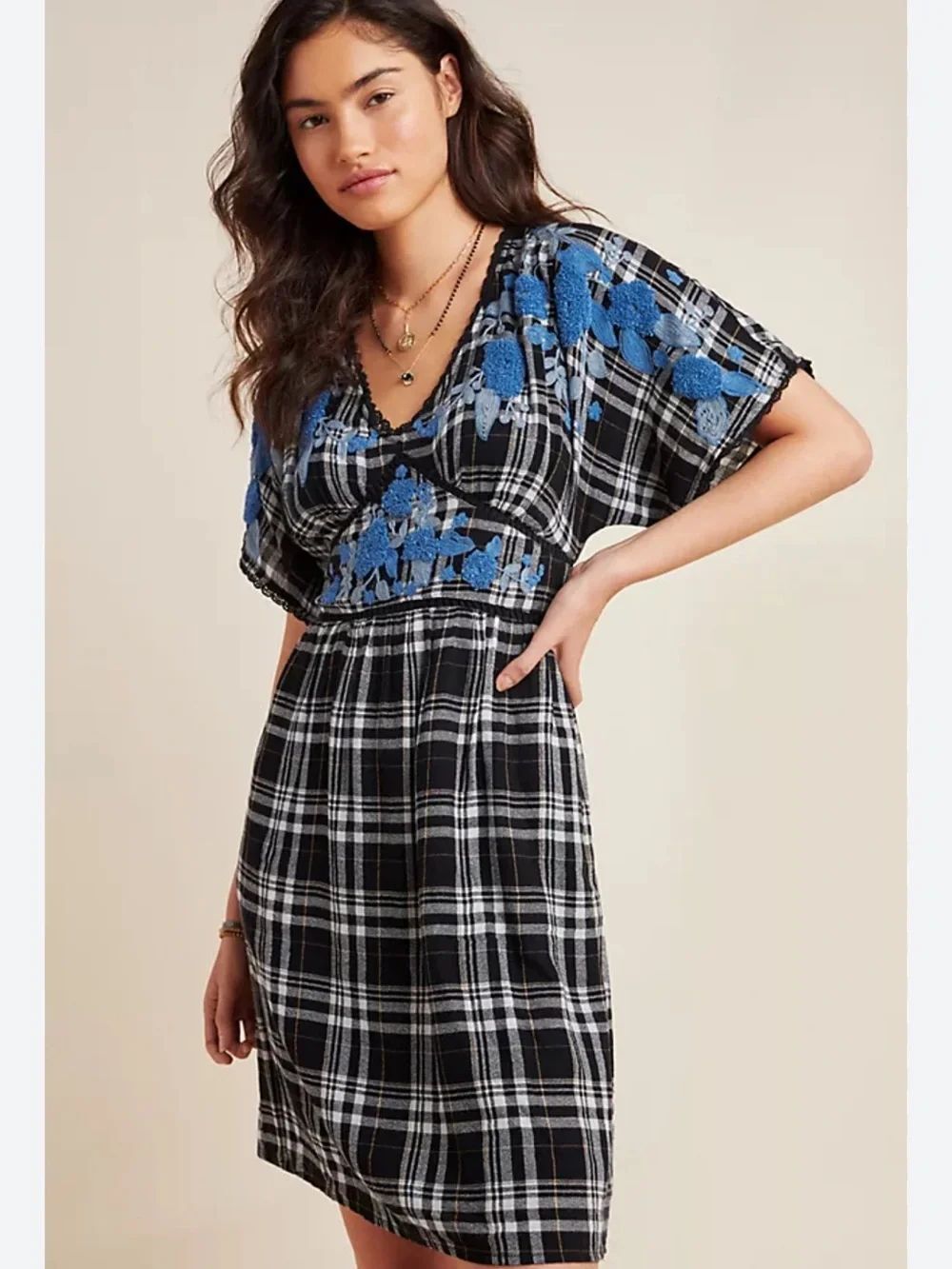 Anthropologie Black and White Plaid Mini Dress with Blue Embroidery Size 14